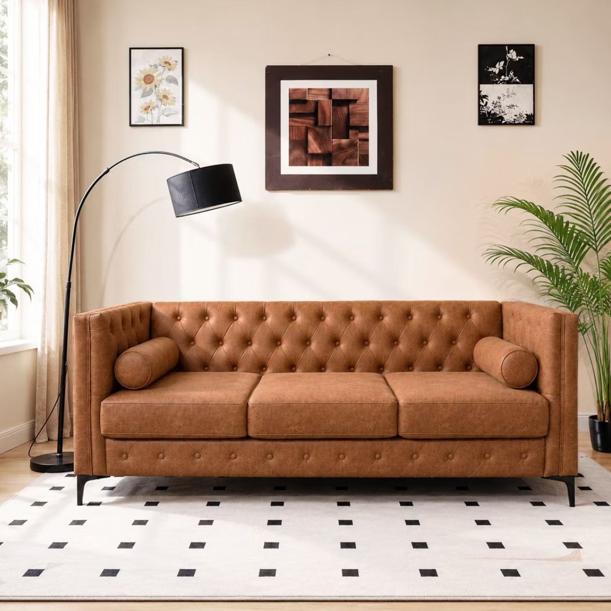 3 Seater Sofa with Faux Leather, Pocket Springs, Tufted Back & Storage