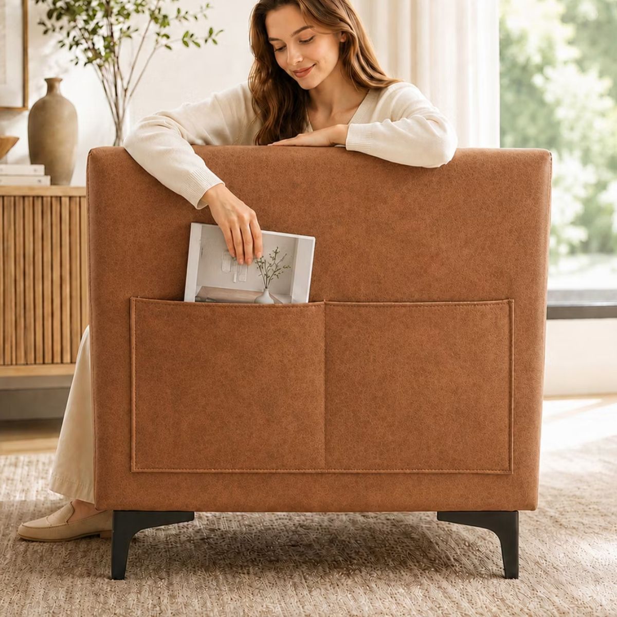 3 Seater Sofa with Faux Leather, Pocket Springs, Tufted Back & Storage