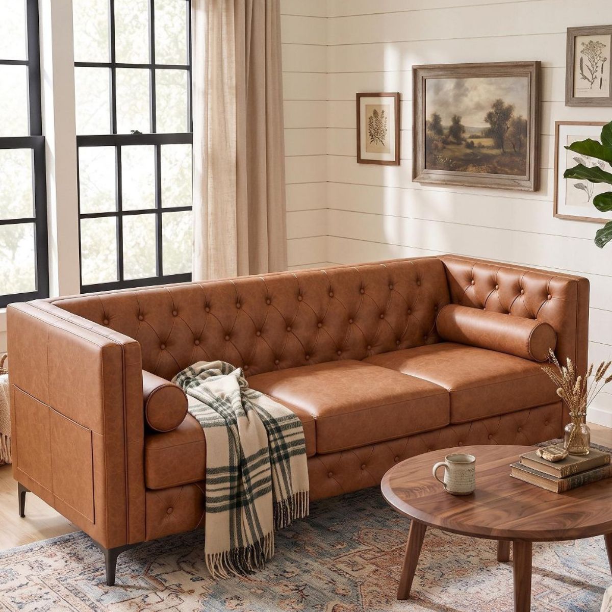 3 Seater Sofa with Faux Leather, Pocket Springs, Tufted Back & Storage