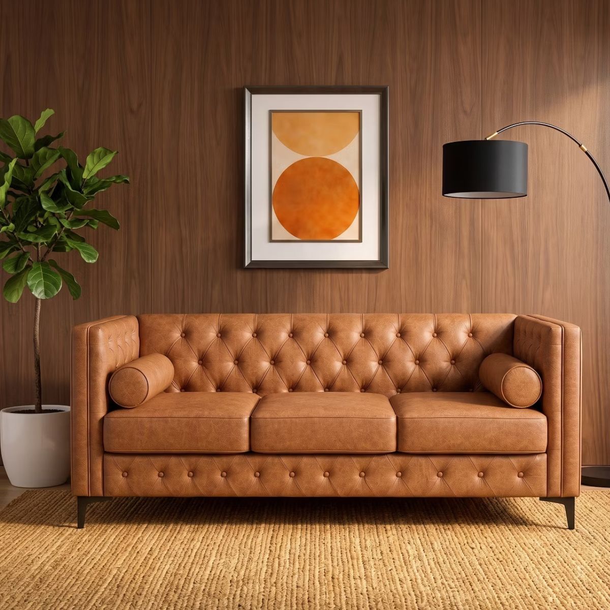 3 Seater Sofa with Faux Leather, Pocket Springs, Tufted Back & Storage