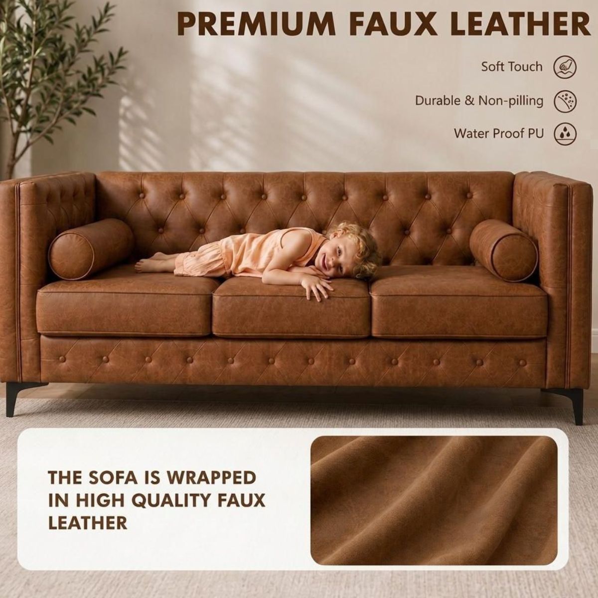 3 Seater Sofa with Faux Leather, Pocket Springs, Tufted Back & Storage