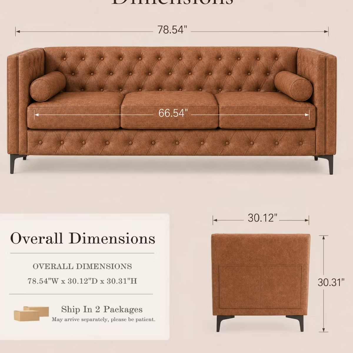 3 Seater Sofa with Faux Leather, Pocket Springs, Tufted Back & Storage