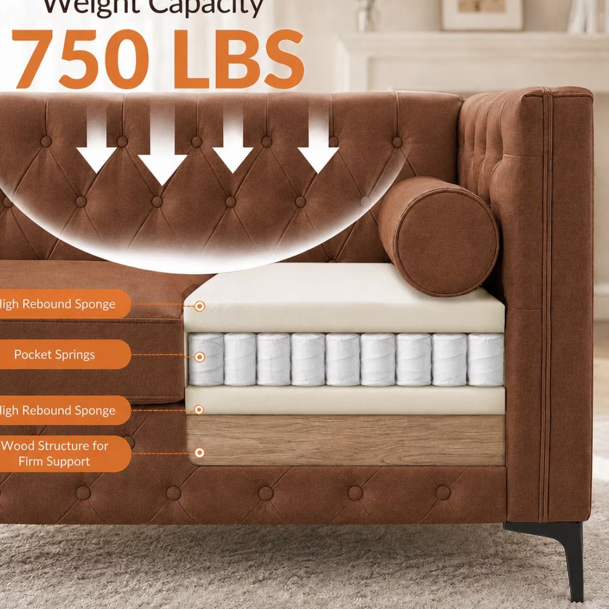 3 Seater Sofa with Faux Leather, Pocket Springs, Tufted Back & Storage