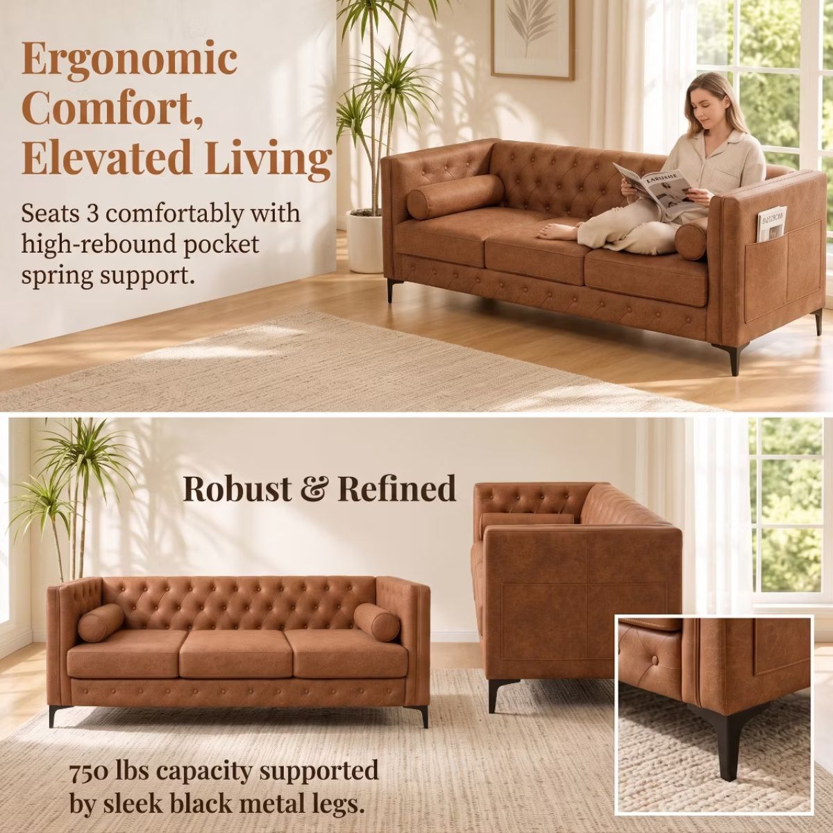 3 Seater Sofa with Faux Leather, Pocket Springs, Tufted Back & Storage