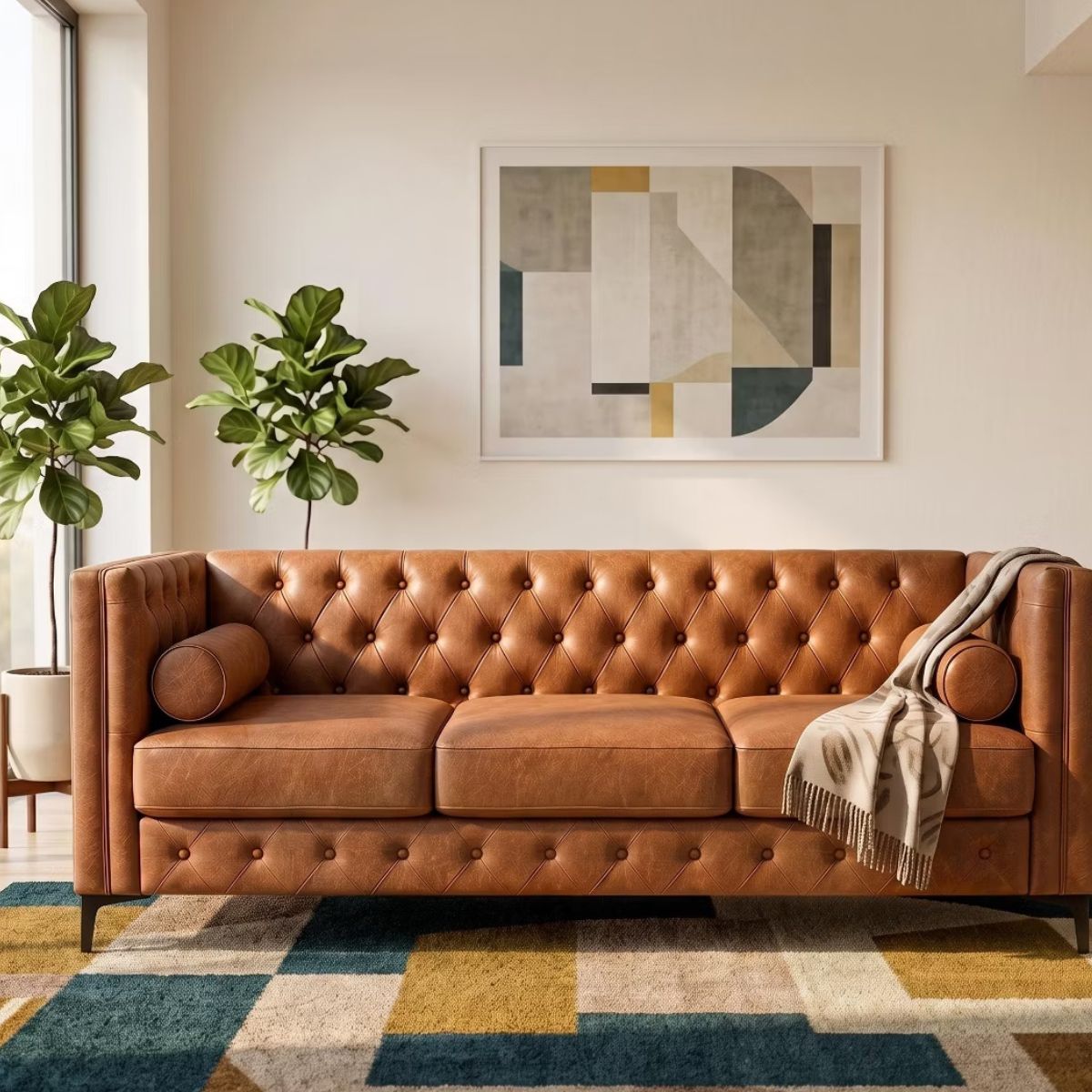3 Seater Sofa with Faux Leather, Pocket Springs, Tufted Back & Storage