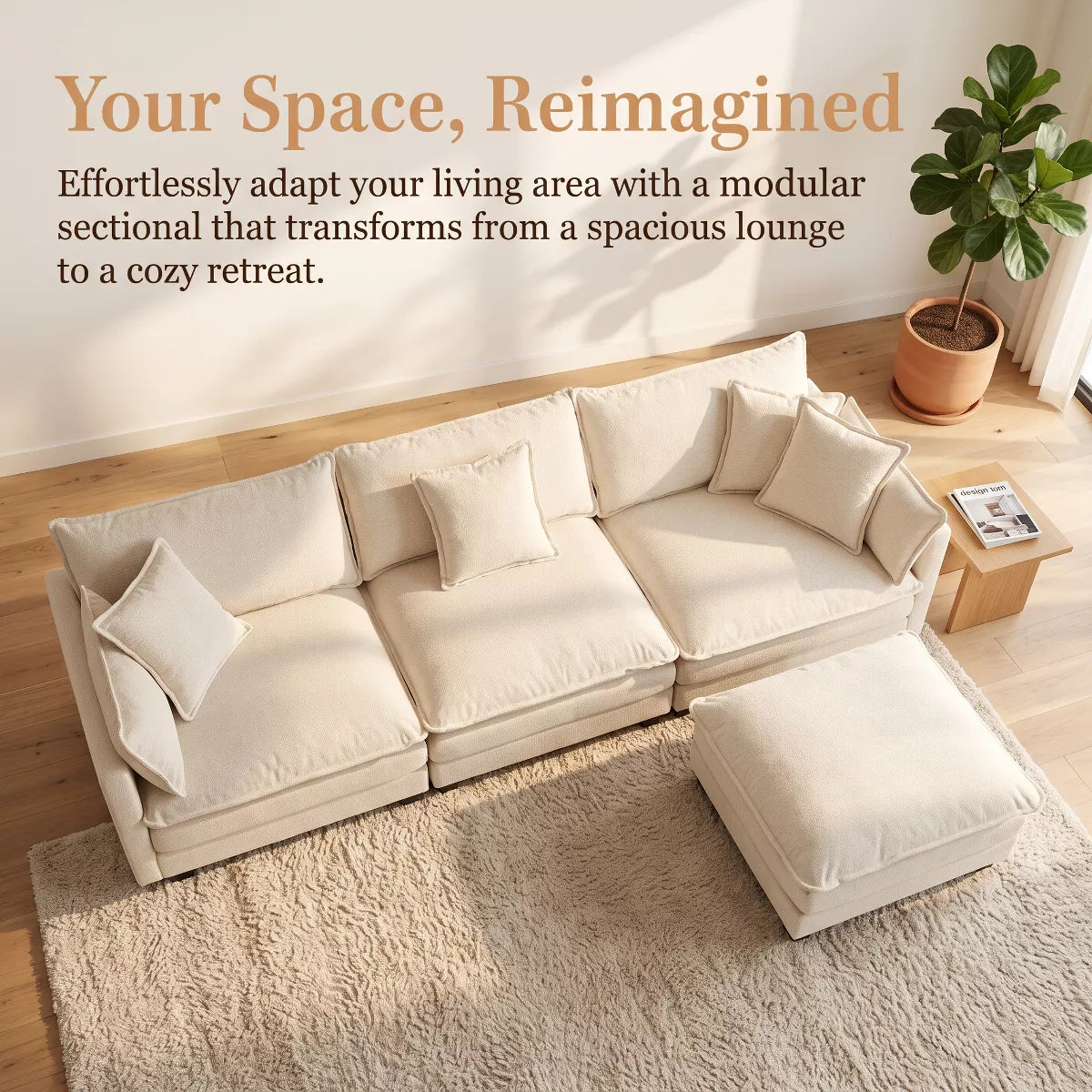 Modular Sectional Sofa with Ottoman, Reversible Sleeper Couch for Living Room