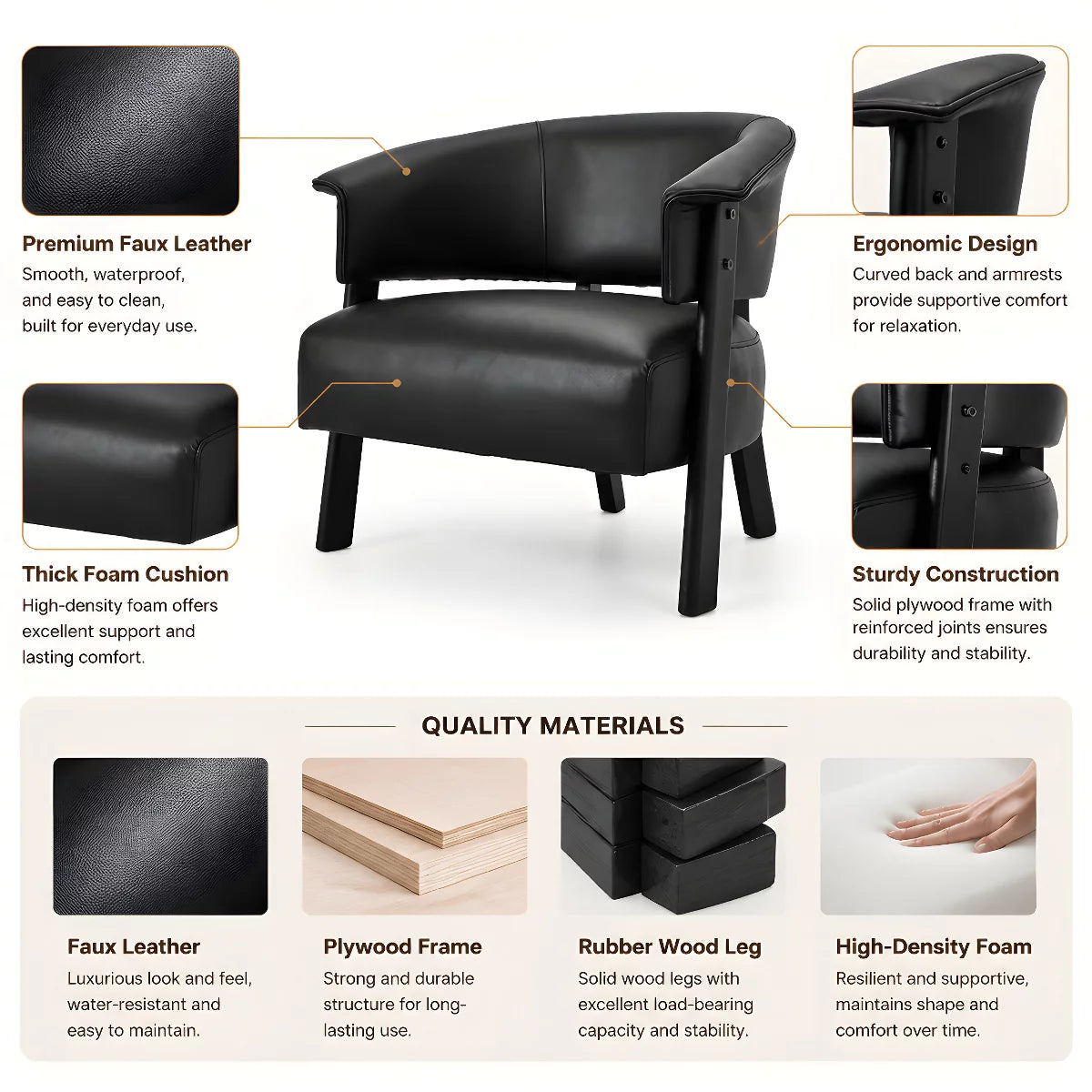 Wingback Accent Chair with 400 lb Capacity, Vintage Faux Leather Club Seating