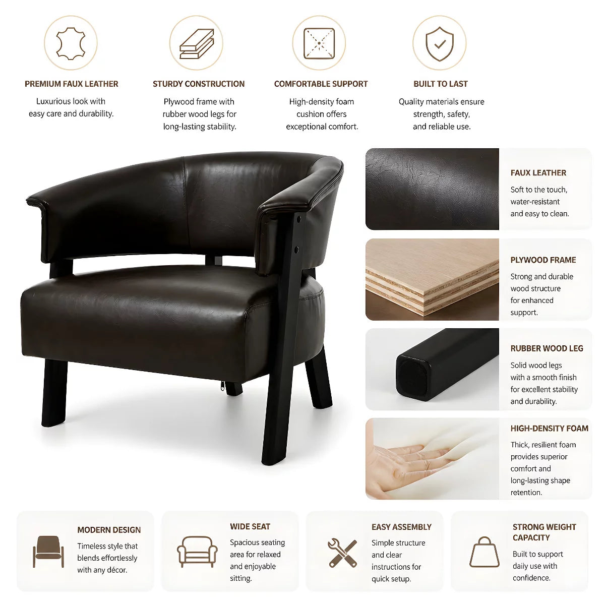 Wingback Accent Chair with 400 lb Capacity, Vintage Faux Leather Club Seating