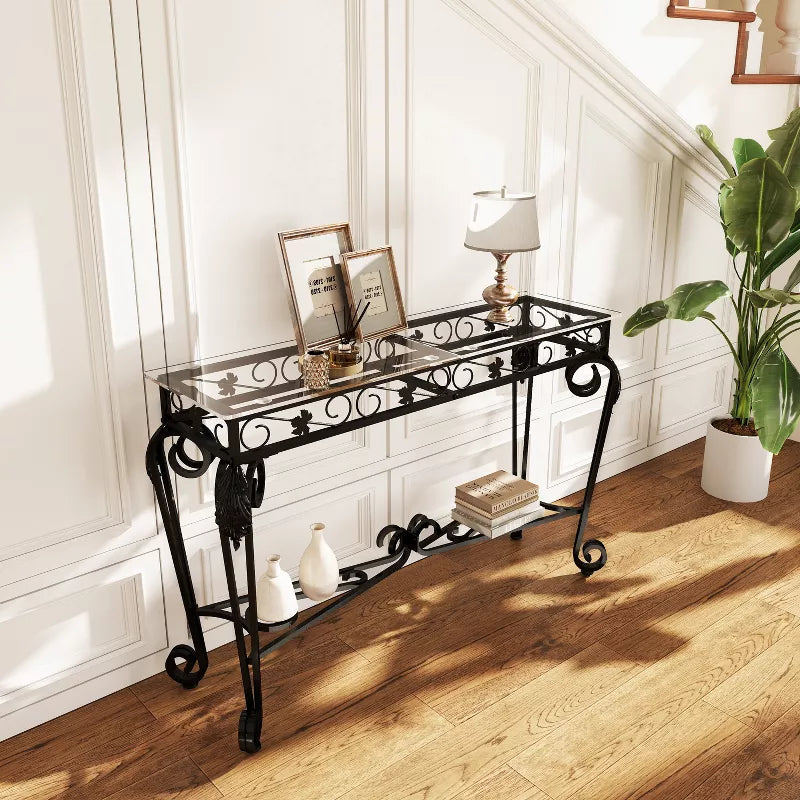 Glass Console Table for Entryway with Storage Shelf, Modern Narrow Sofa Table