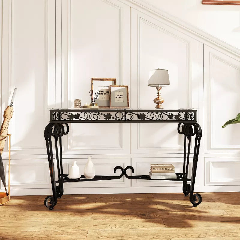 Glass Console Table for Entryway with Storage Shelf, Modern Narrow Sofa Table