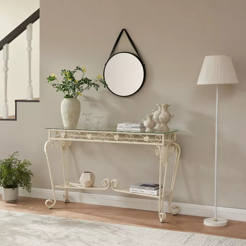 Glass Console Table for Entryway with Storage Shelf, Modern Narrow Sofa Table