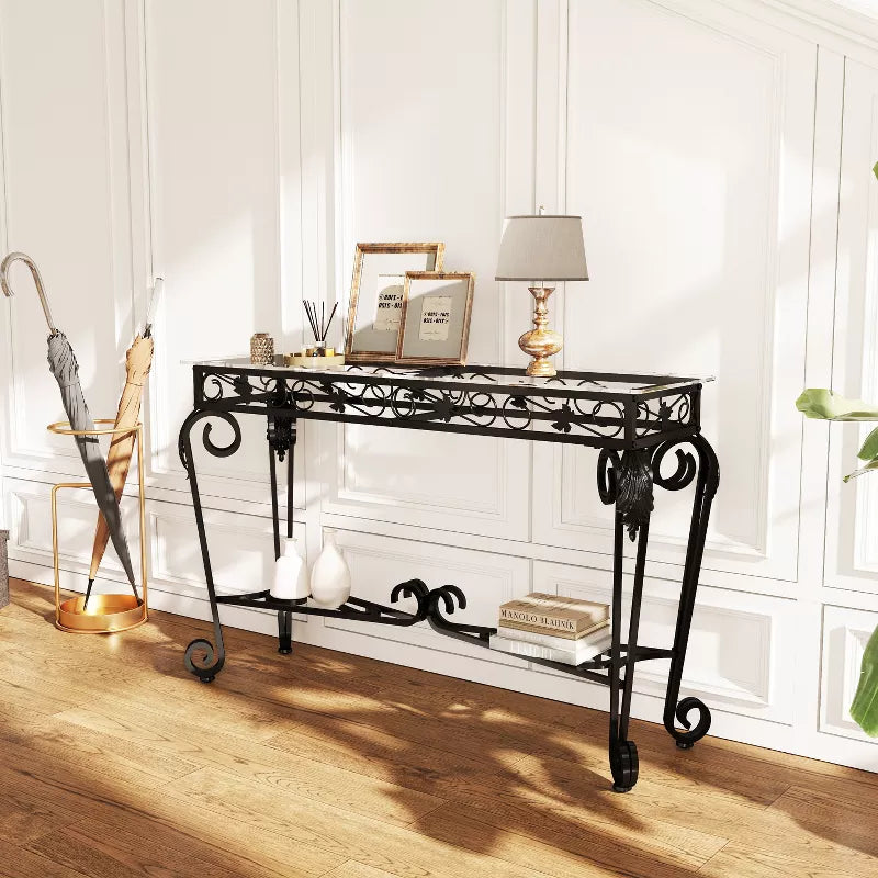 Glass Console Table for Entryway with Storage Shelf, Modern Narrow Sofa Table