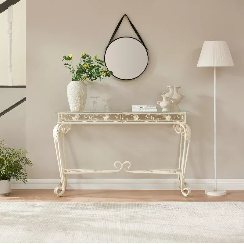 Glass Console Table for Entryway with Storage Shelf, Modern Narrow Sofa Table