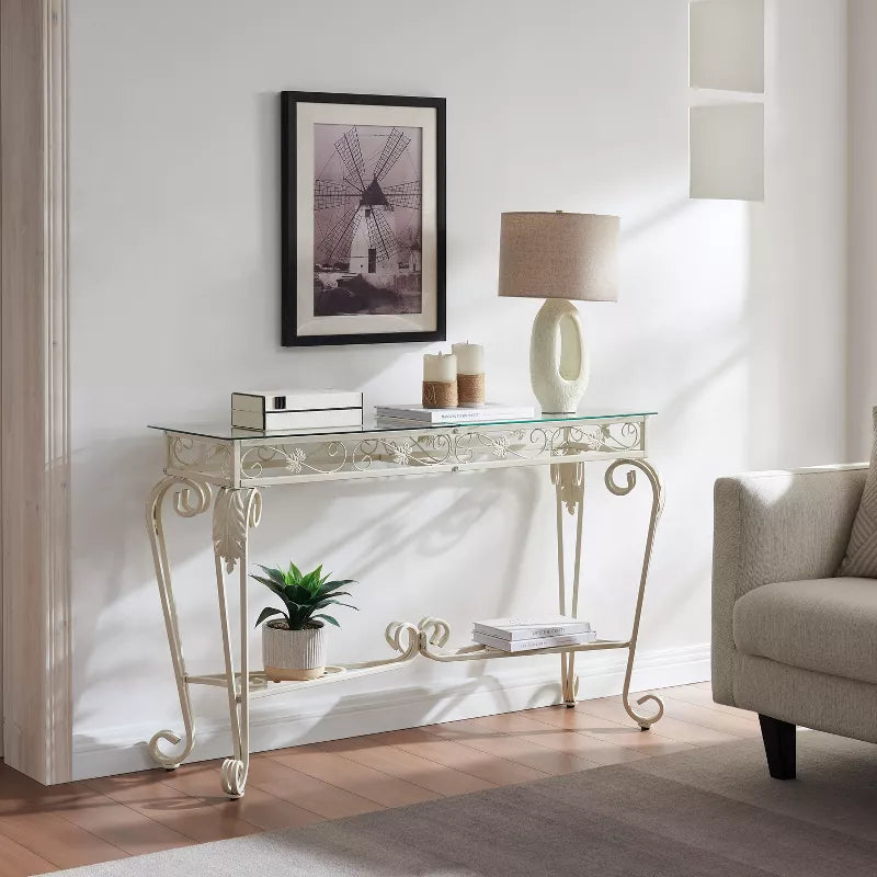 Glass Console Table for Entryway with Storage Shelf, Modern Narrow Sofa Table