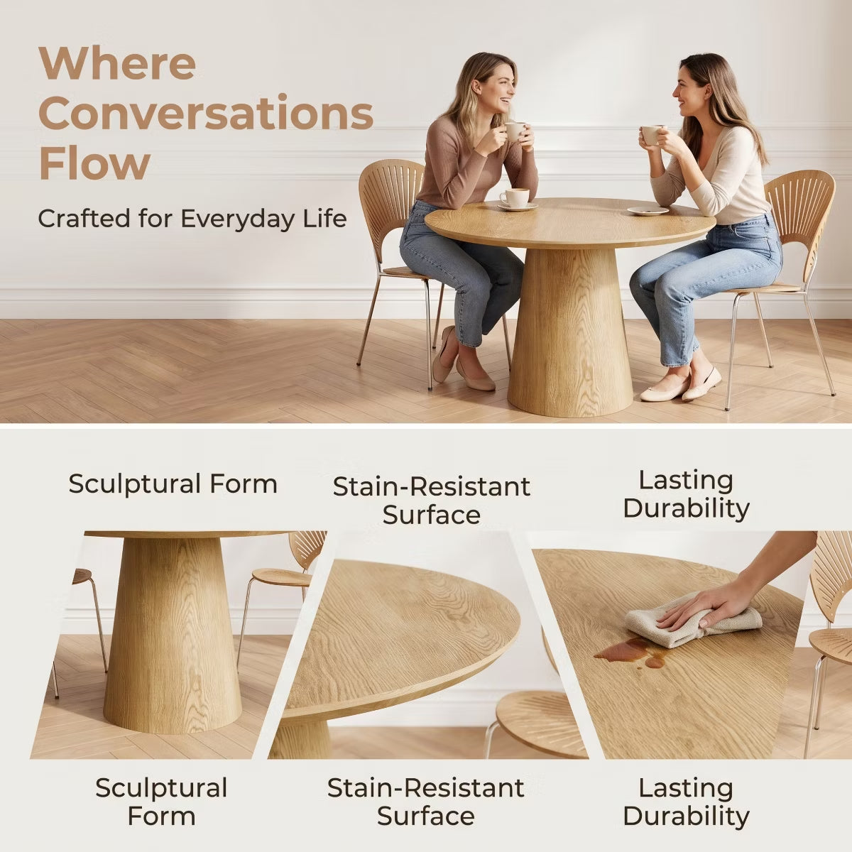43-Inch Round Dining Table with Sculptural Pedestal, Seats 4