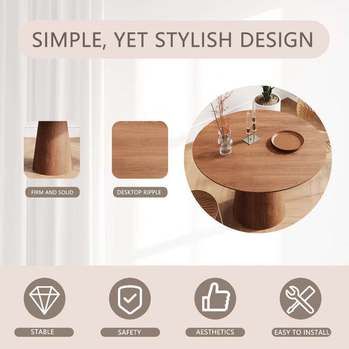 43-Inch Round Dining Table with Sculptural Pedestal, Seats 4