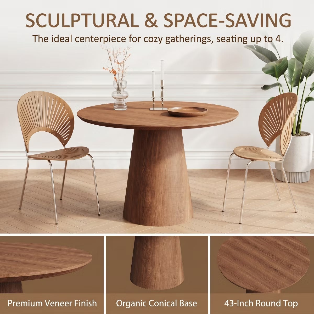 43-Inch Round Dining Table with Sculptural Pedestal, Seats 4