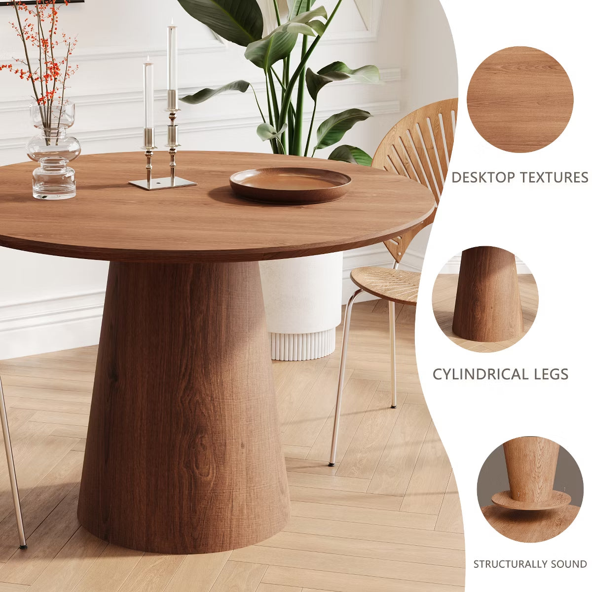 43-Inch Round Dining Table with Sculptural Pedestal, Seats 4