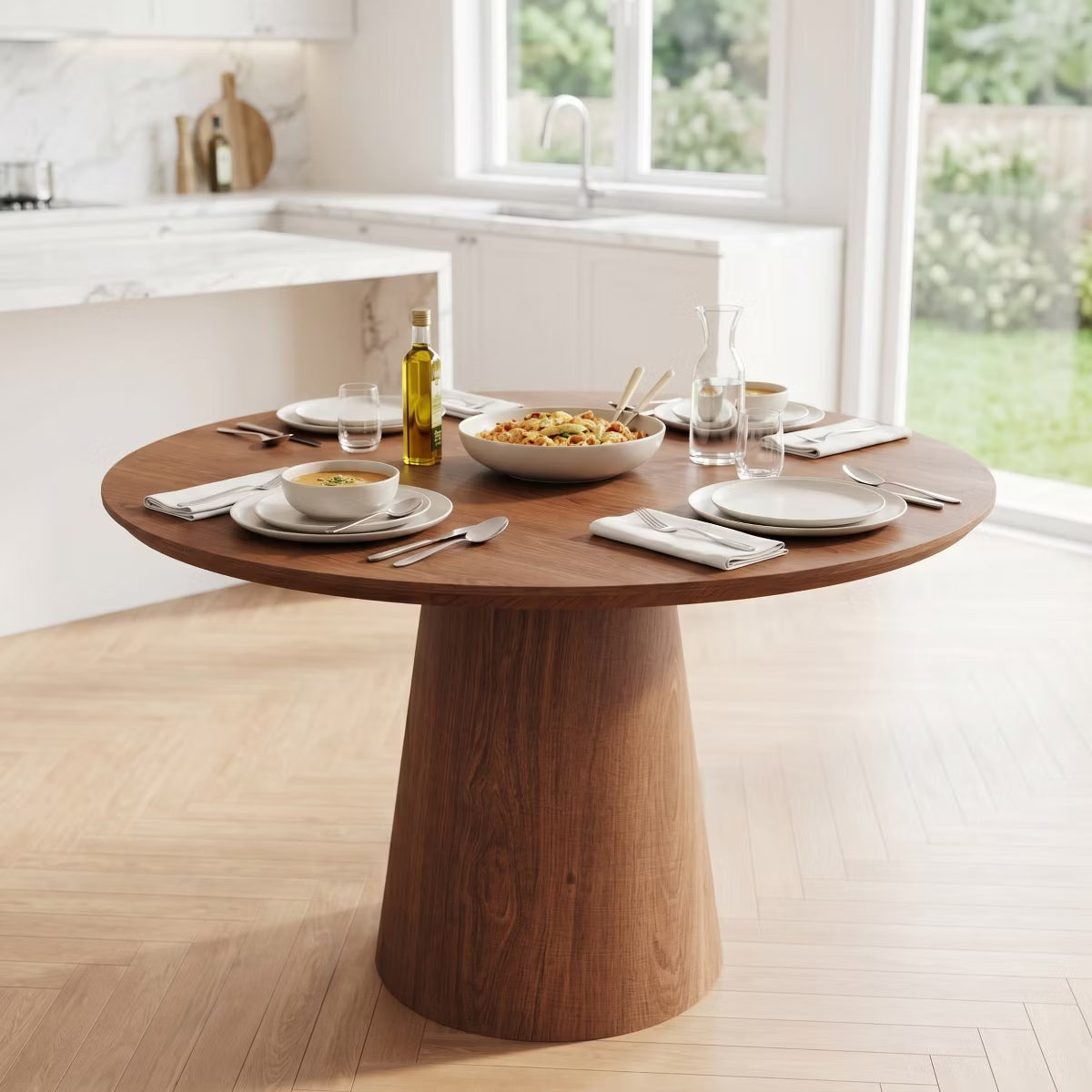 43-Inch Round Dining Table with Sculptural Pedestal, Seats 4