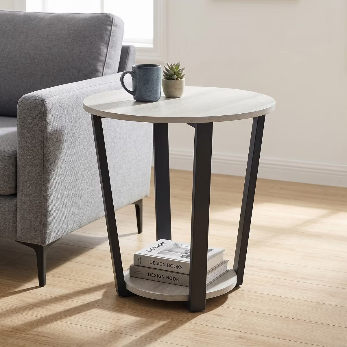 Round End Table with 2-Tier Storage Shelf – Modern Off-White Accent Table