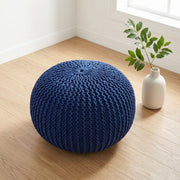20" Round Pouf Ottoman, Knitted Cotton Footrest in Atlantic Navy