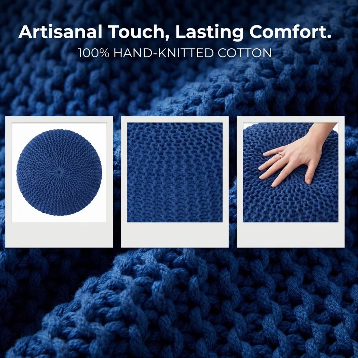 20" Round Pouf Ottoman, Knitted Cotton Footrest in Atlantic Navy