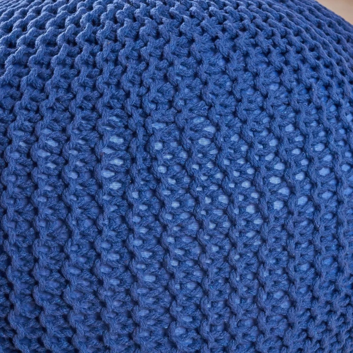 20" Round Pouf Ottoman, Knitted Cotton Footrest in Atlantic Navy