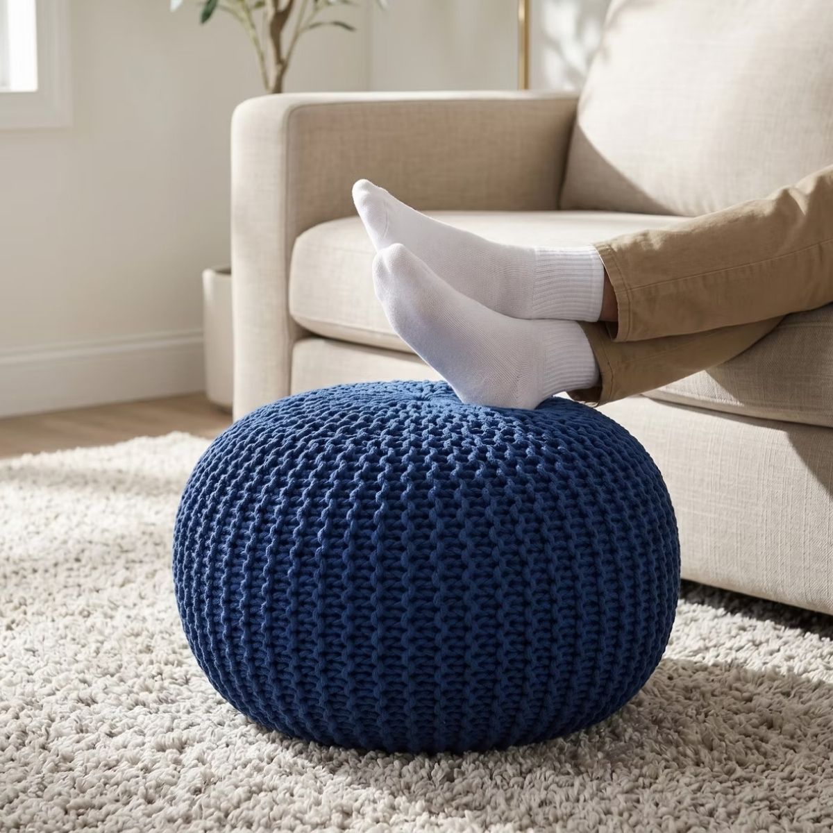 20" Round Pouf Ottoman, Knitted Cotton Footrest in Atlantic Navy