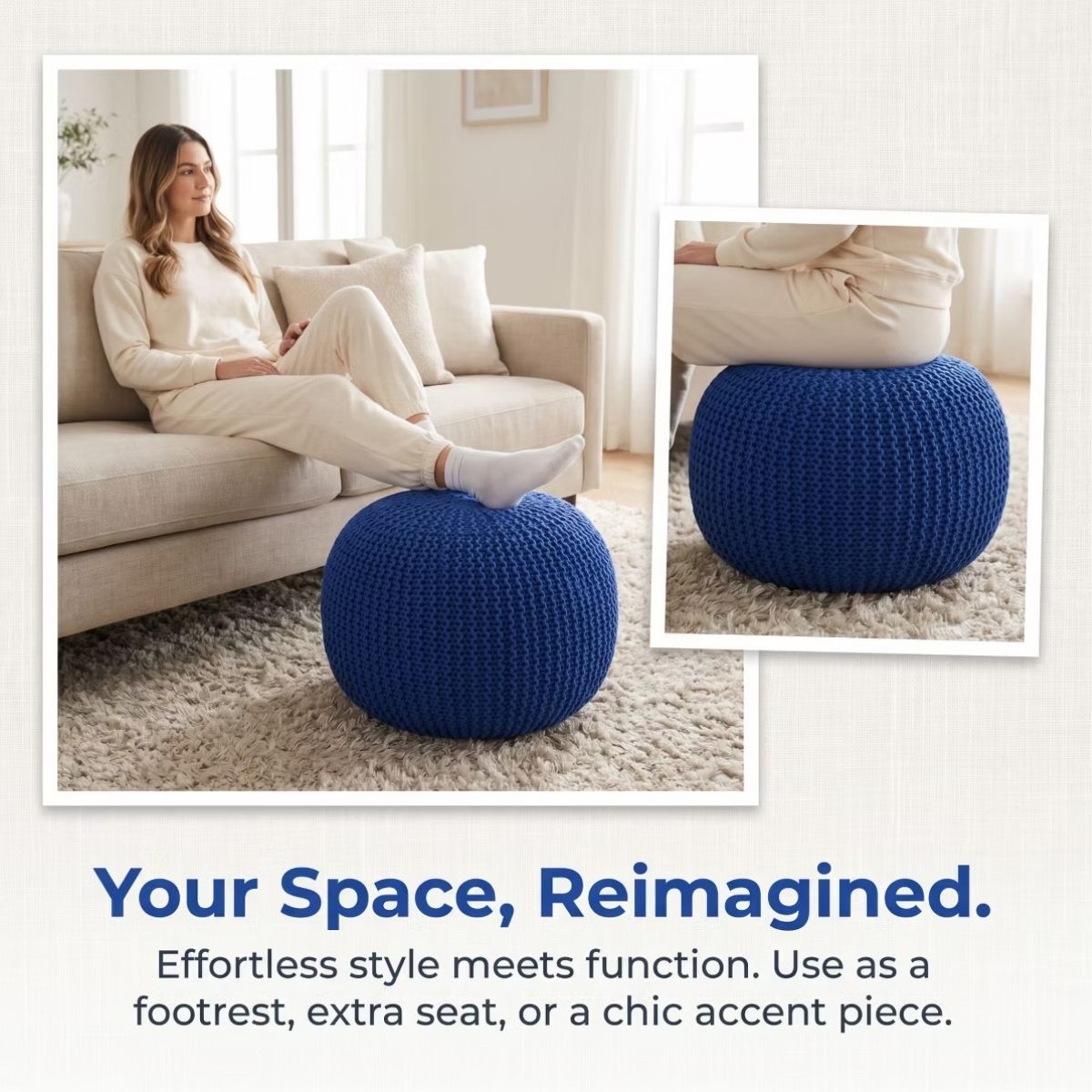20" Round Pouf Ottoman, Knitted Cotton Footrest in Atlantic Navy