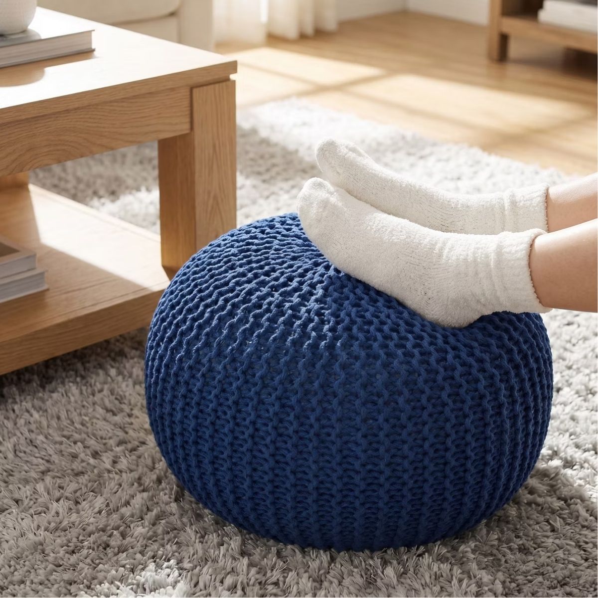 20" Round Pouf Ottoman, Knitted Cotton Footrest in Atlantic Navy
