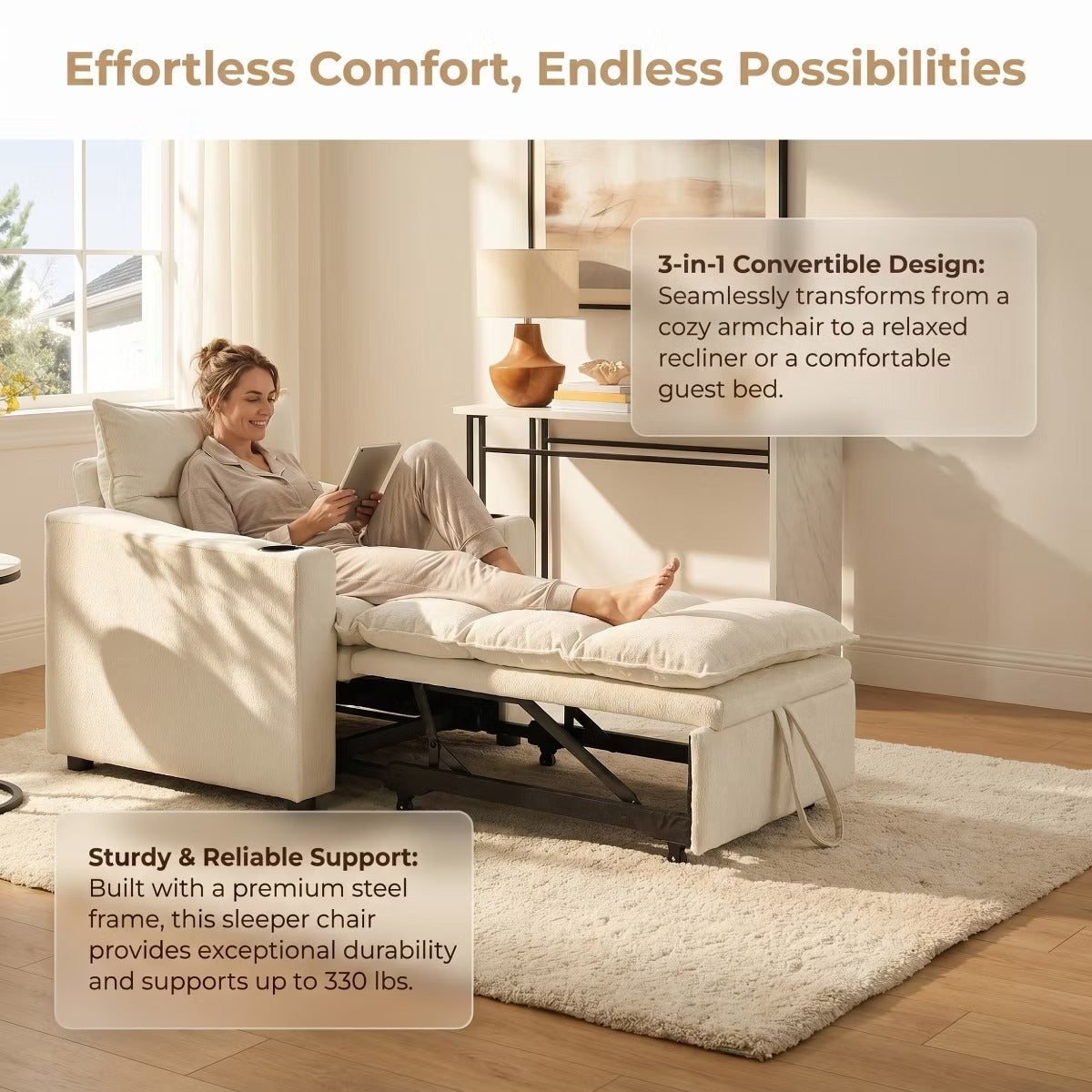 3-in-1 Convertible Sleeper Chair with Velvet Upholstery & Cup Holders