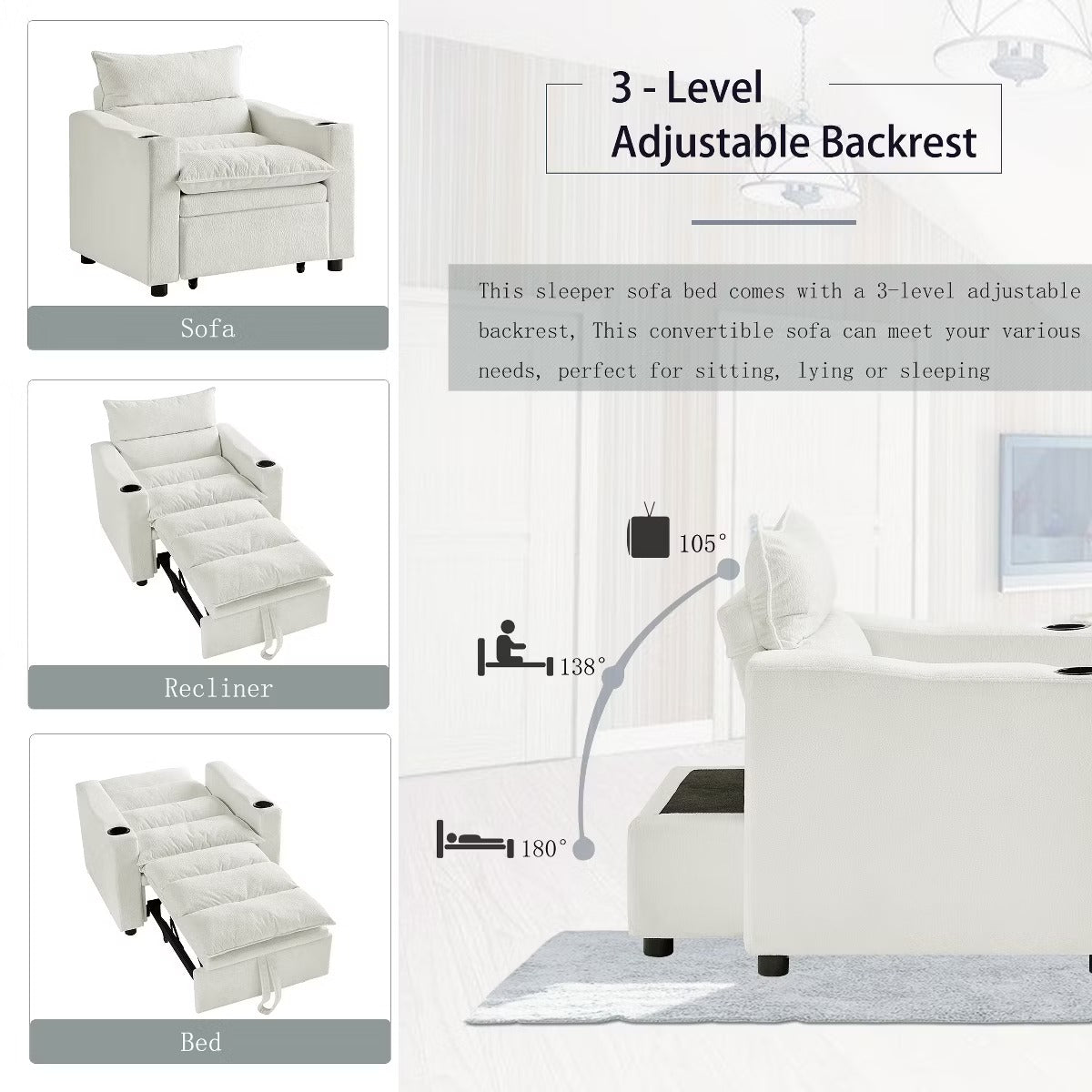 3-in-1 Convertible Sleeper Chair with Velvet Upholstery & Cup Holders