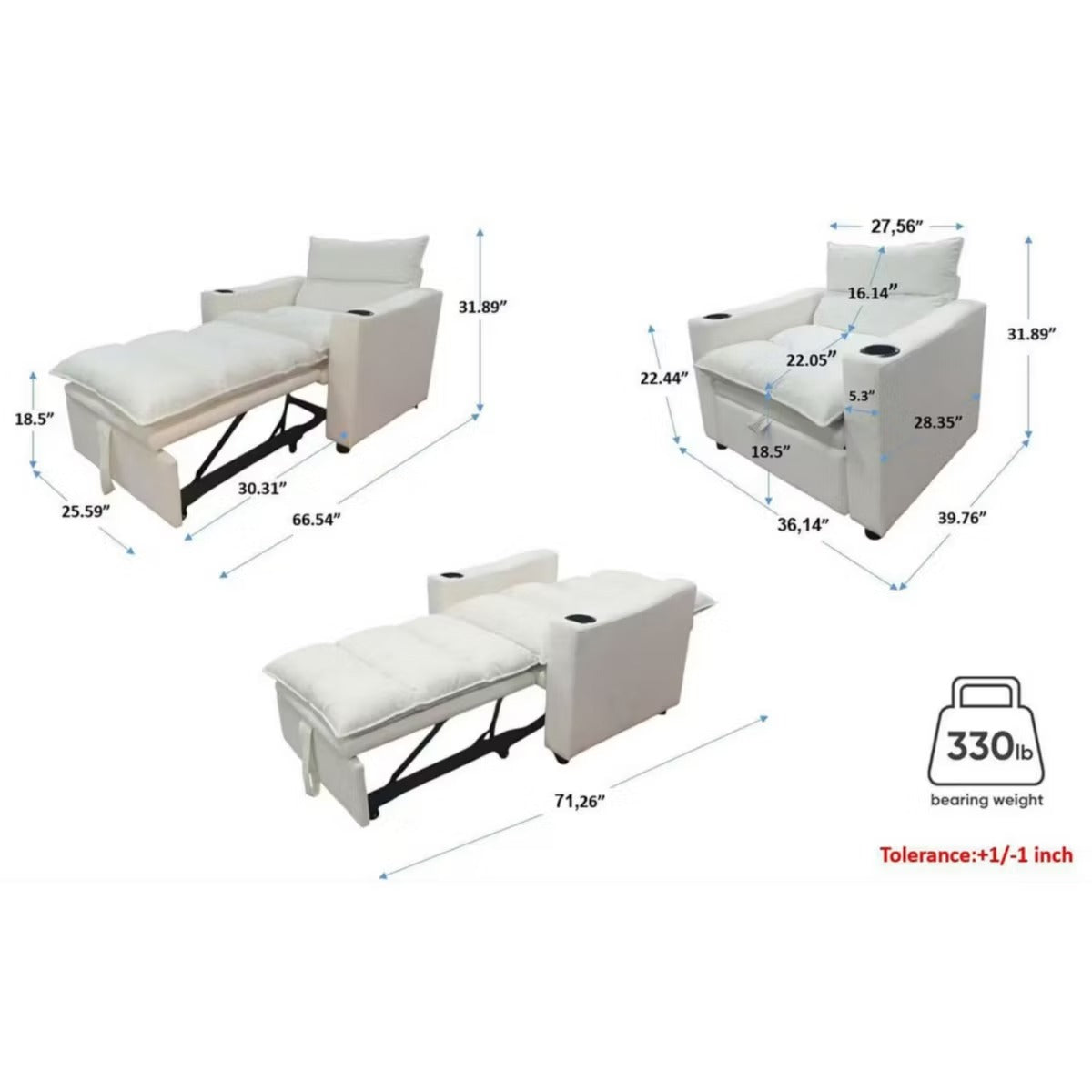 3-in-1 Convertible Sleeper Chair with Velvet Upholstery & Cup Holders