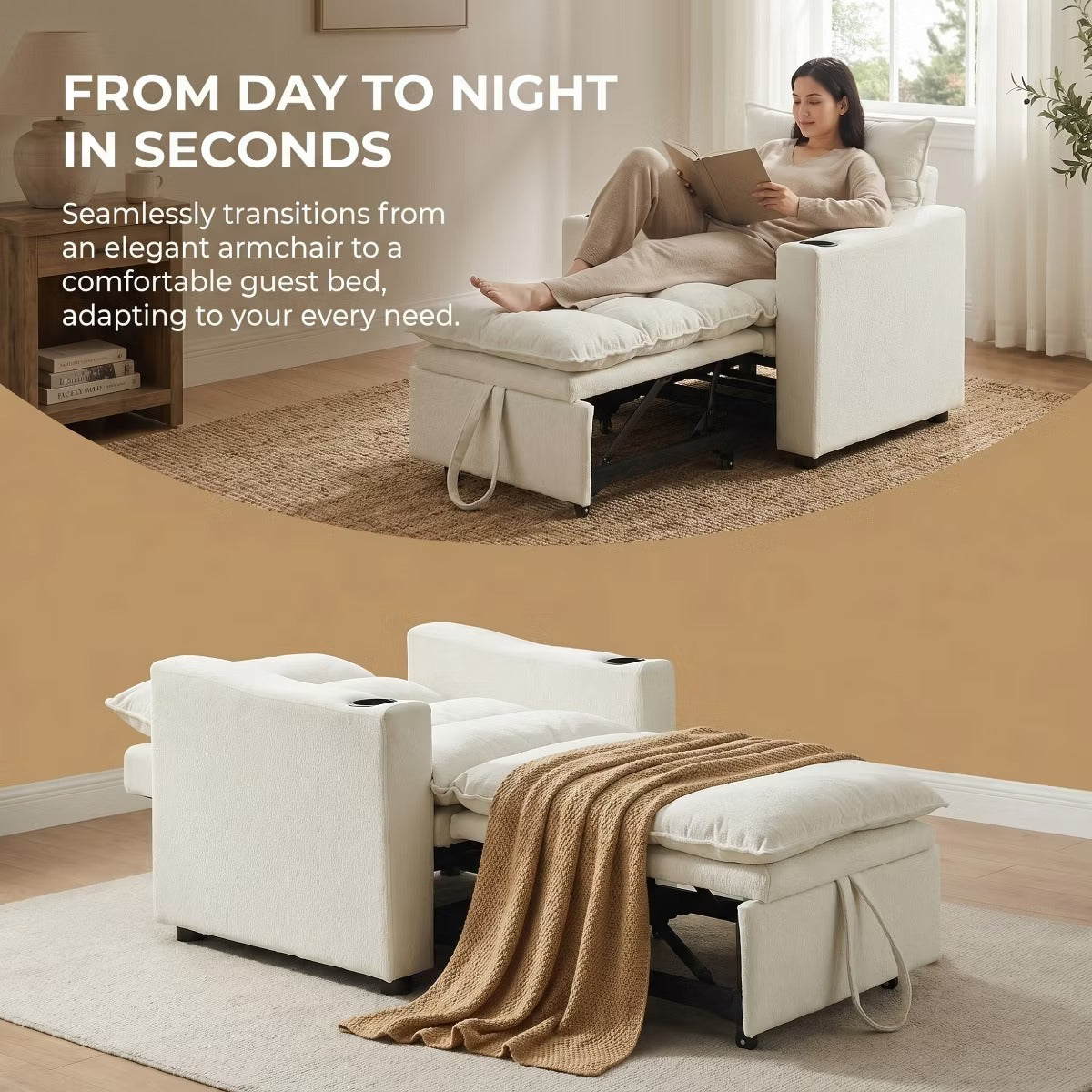 3-in-1 Convertible Sleeper Chair with Velvet Upholstery & Cup Holders