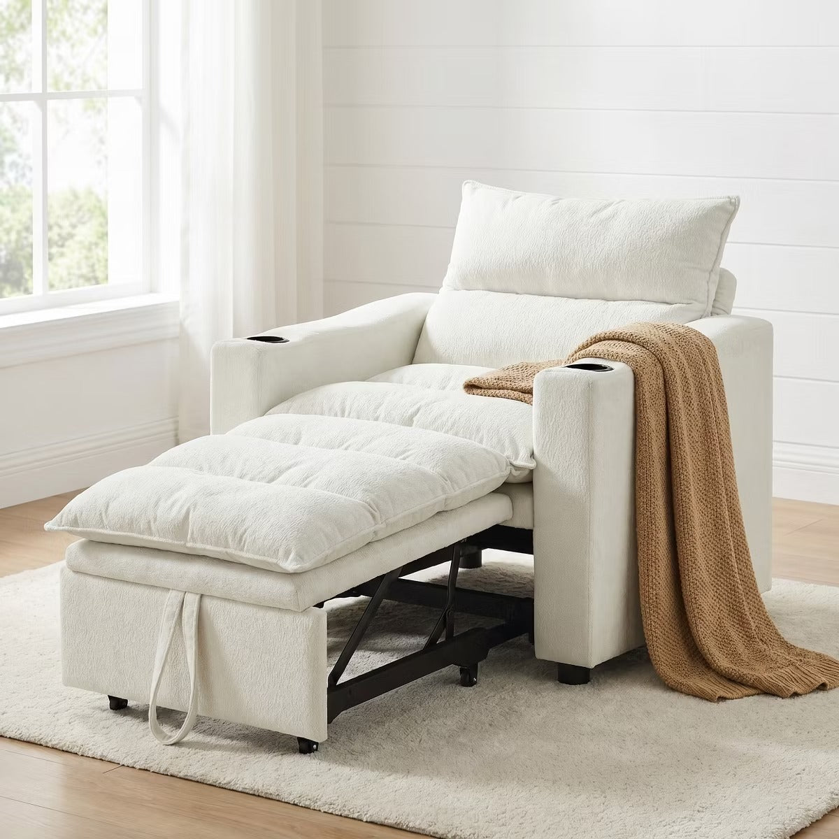 3-in-1 Convertible Sleeper Chair with Velvet Upholstery & Cup Holders