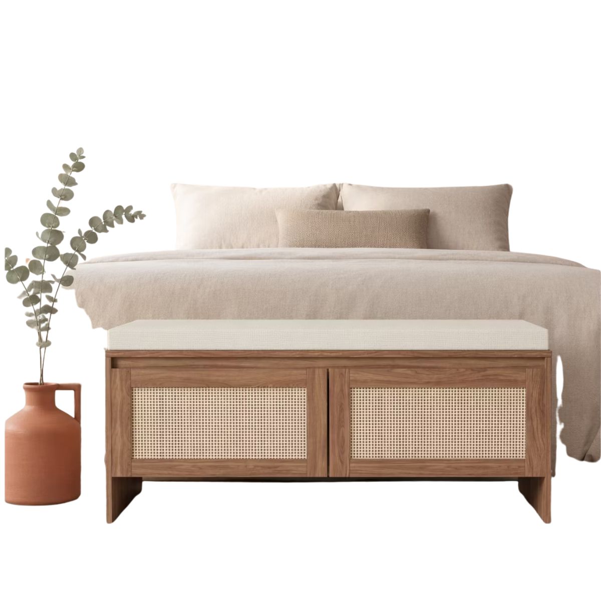 Storage Bench with Cushion and Faux Rattan Shoe Cabinet for Entryway