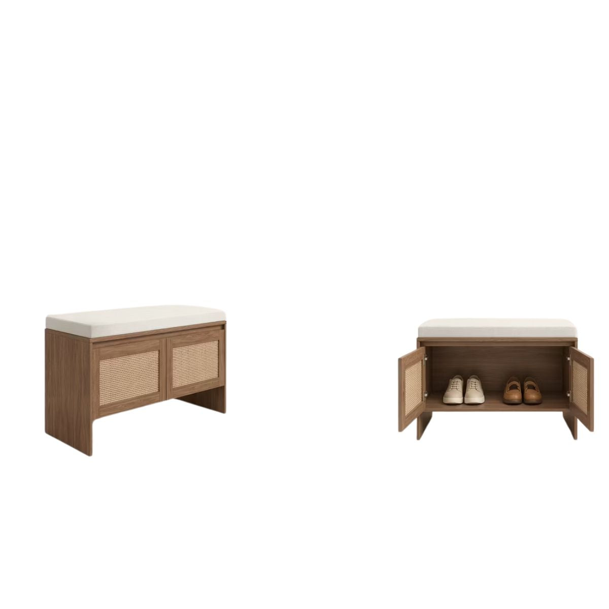 Storage Bench with Cushion and Faux Rattan Shoe Cabinet for Entryway