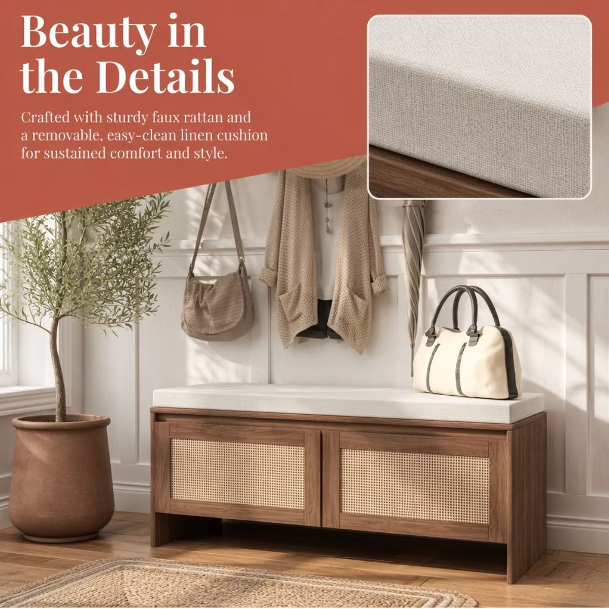 Storage Bench with Cushion and Faux Rattan Shoe Cabinet for Entryway