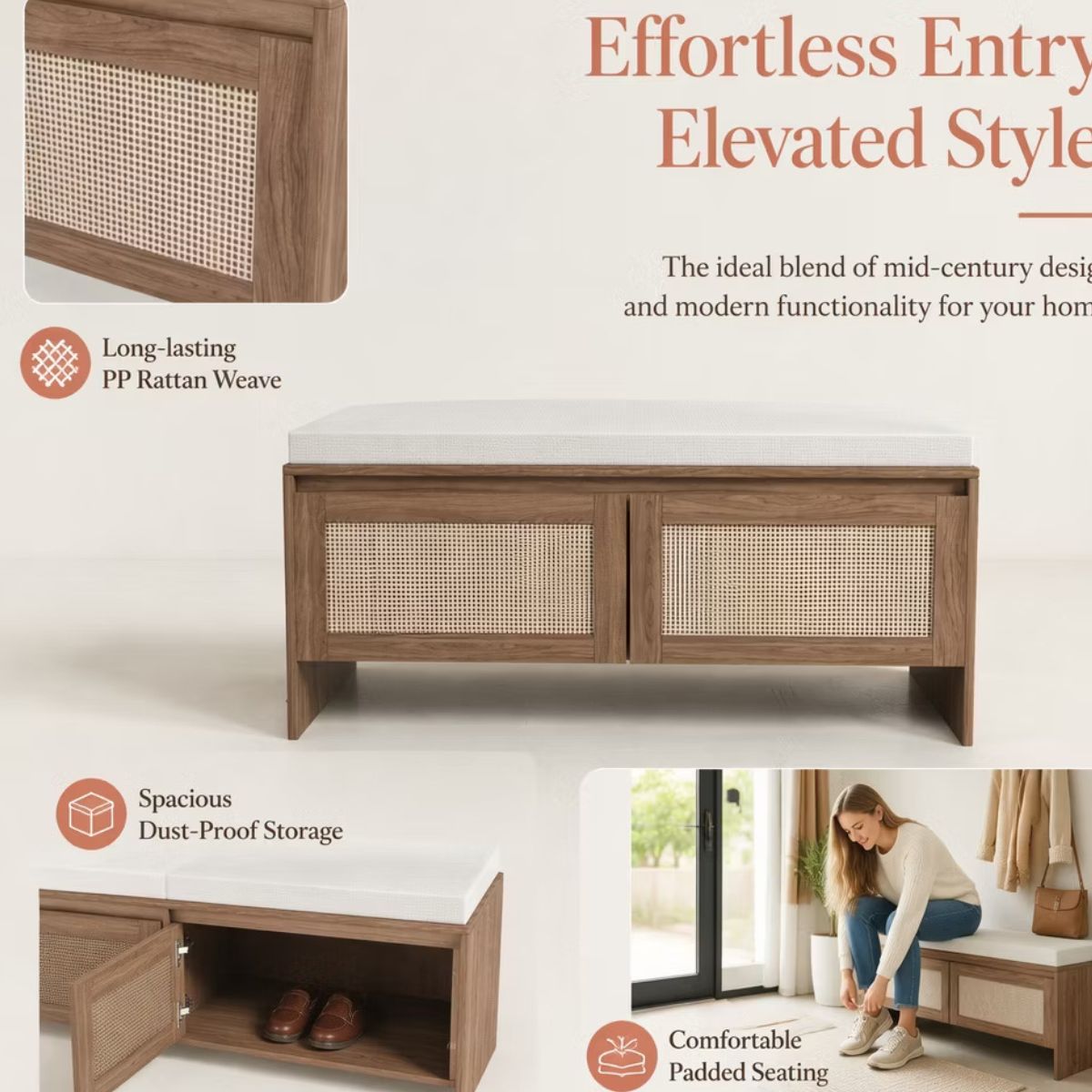 Storage Bench with Cushion and Faux Rattan Shoe Cabinet for Entryway