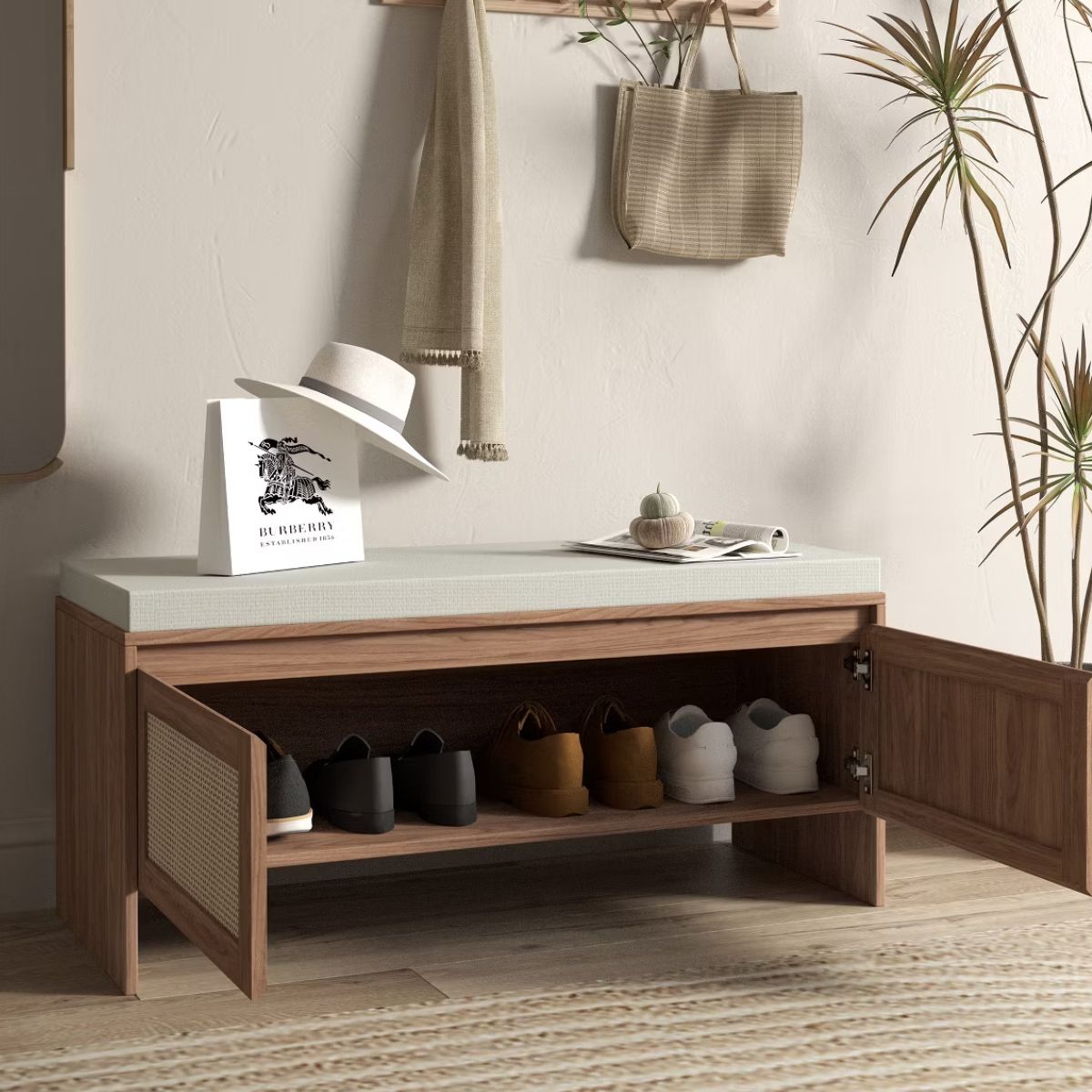 Storage Bench with Cushion and Faux Rattan Shoe Cabinet for Entryway