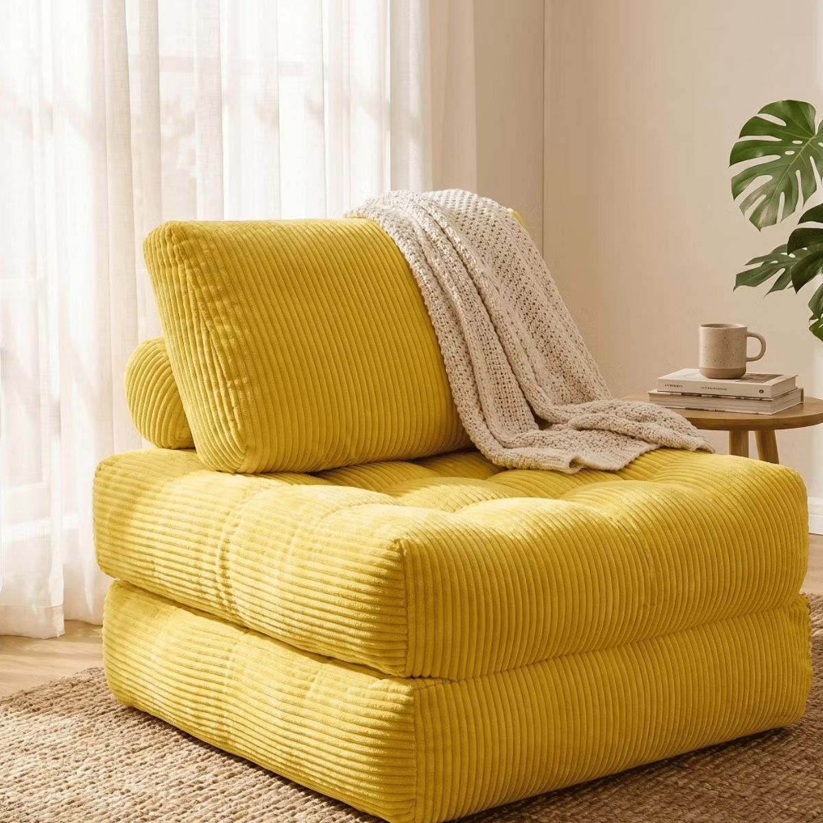 Corduroy Bean Bag Chair Bed with 2-in-1 Convertible Lounger Design