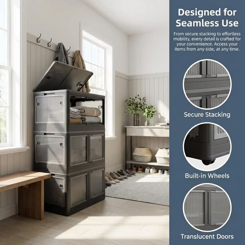Stackable Storage Cabinet with Doors & Wheels for All Rooms, 3 or 4-Tier