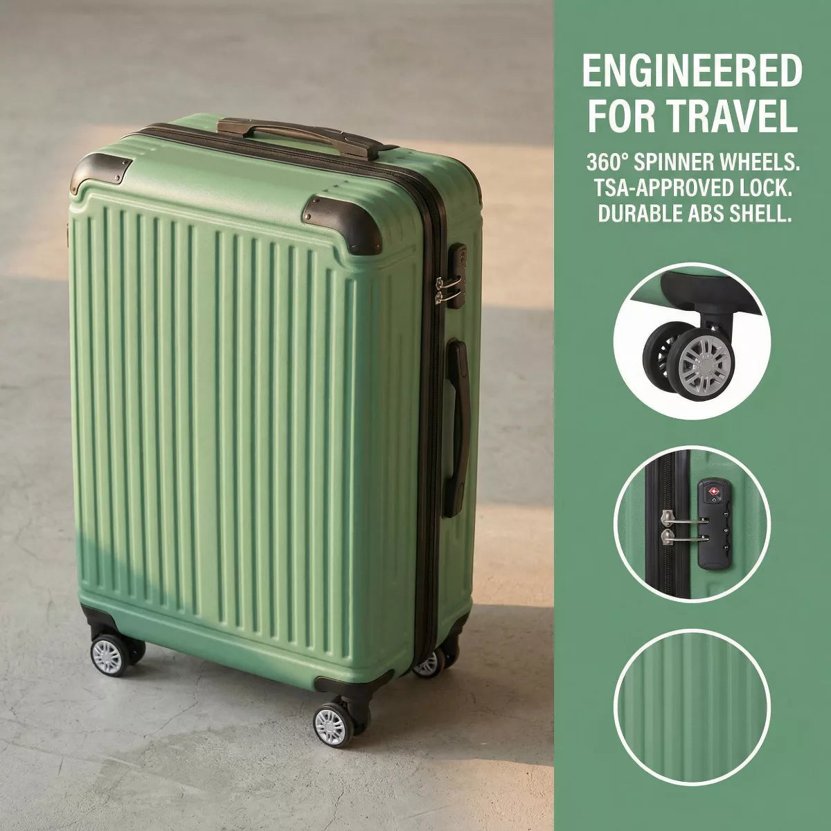 3-Piece ABS Hardside Luggage Set 20/24/28" with Spinner Wheels & TSA Lock