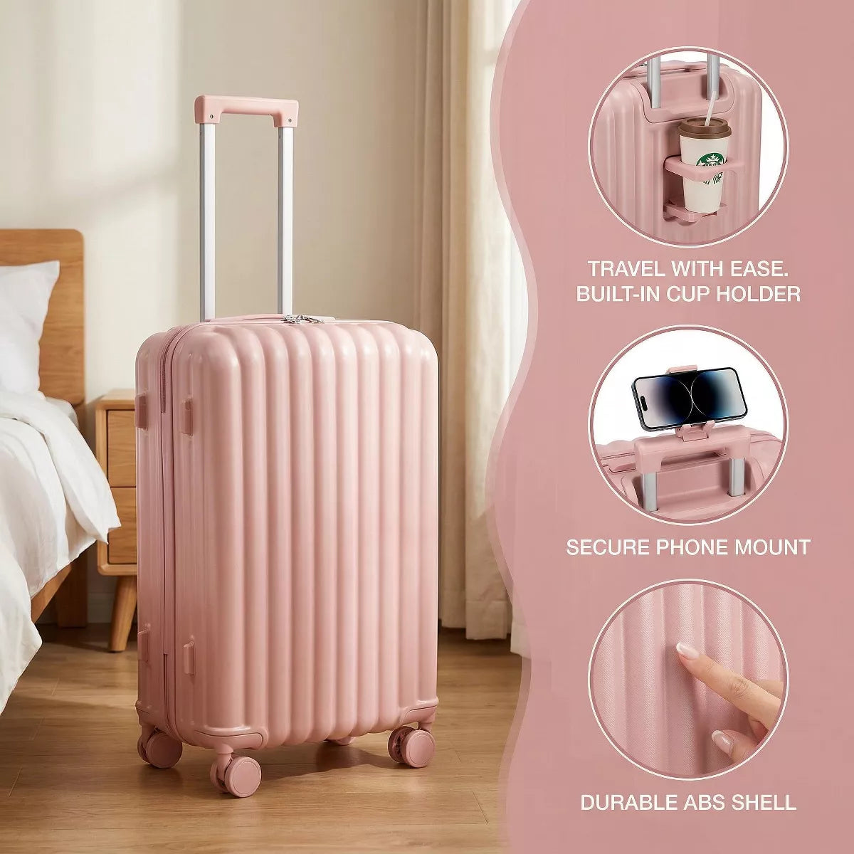 3-Piece ABS Spinner Luggage Set with USB Cup Holder & Phone Stand