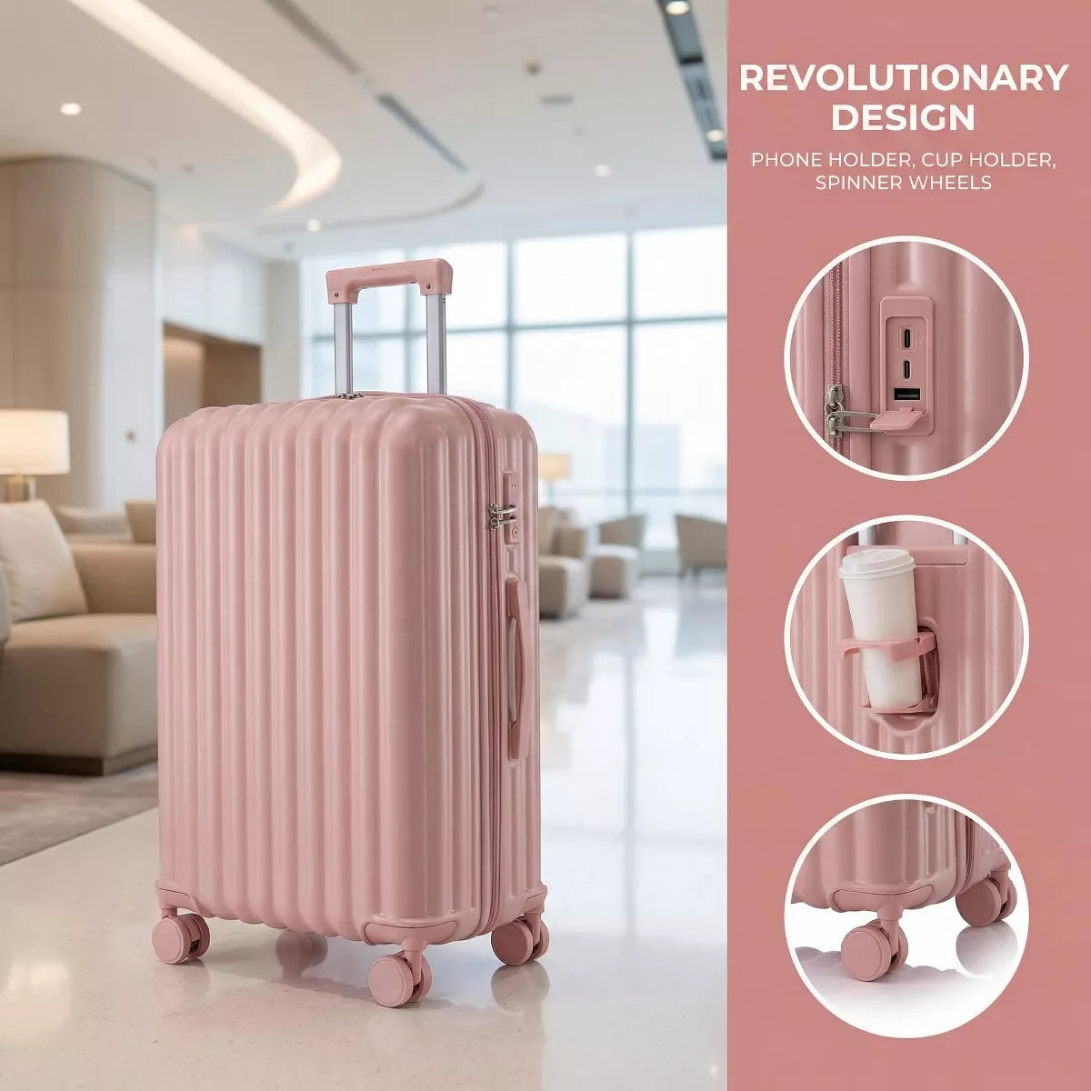 3-Piece ABS Spinner Luggage Set with USB Cup Holder & Phone Stand
