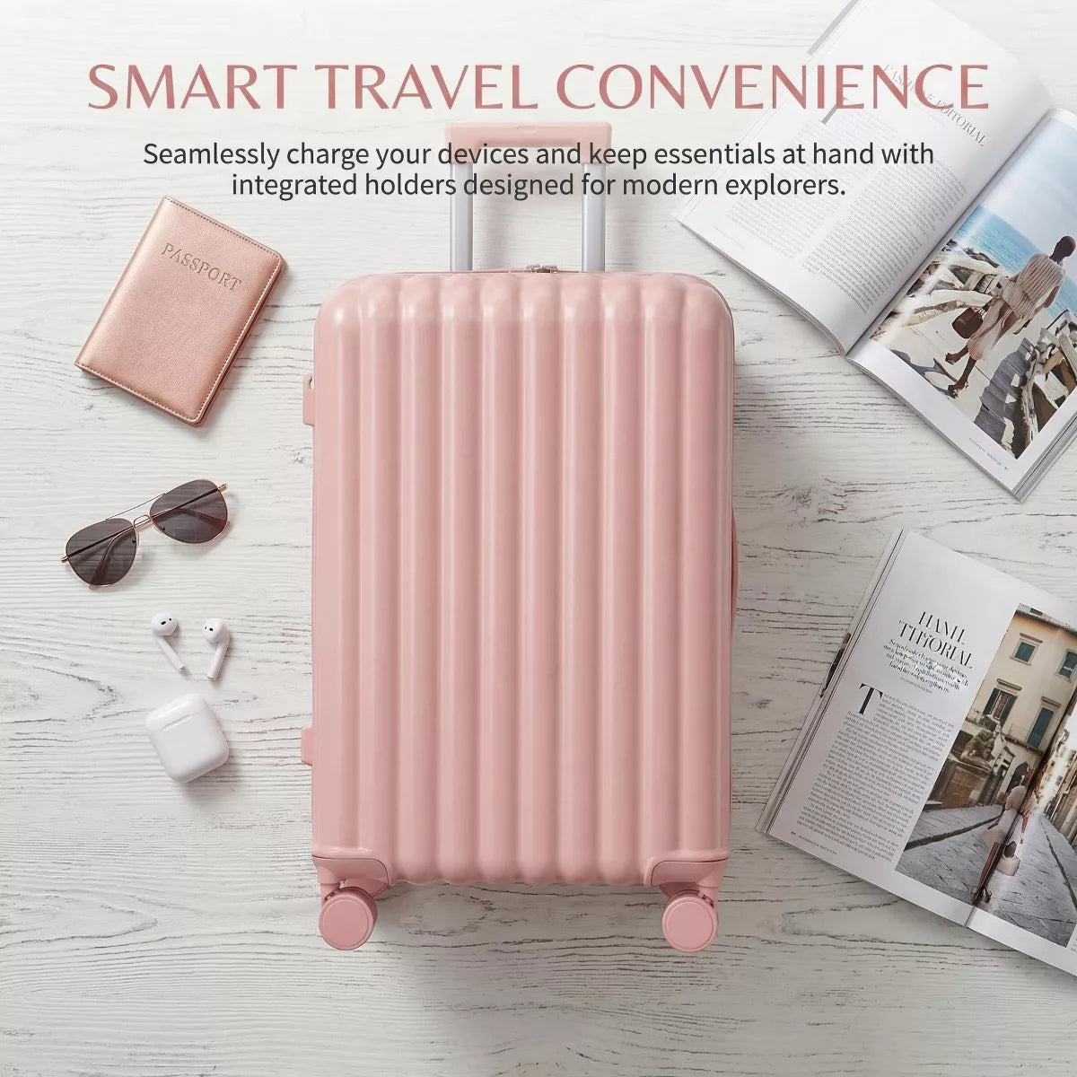 3-Piece ABS Spinner Luggage Set with USB Cup Holder & Phone Stand