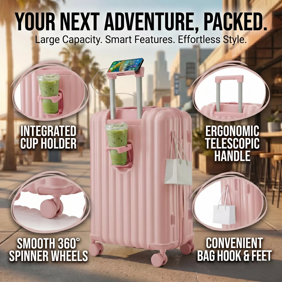 3-Piece ABS Spinner Luggage Set with USB Cup Holder & Phone Stand