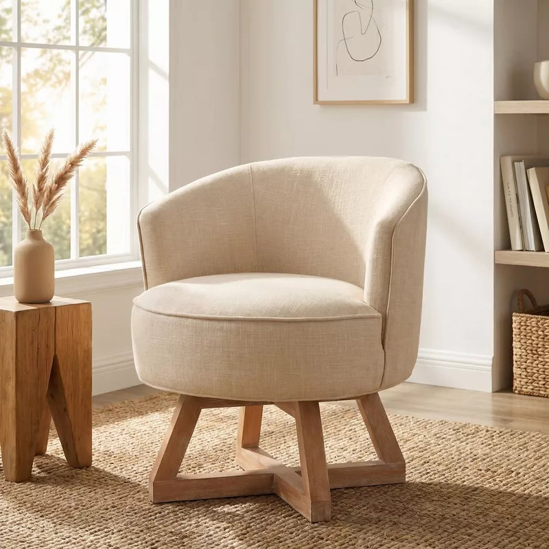 Linen Swivel Chair, 360° Rotating Accent Chair with Wooden Base for Living Room, Bedroom & Office