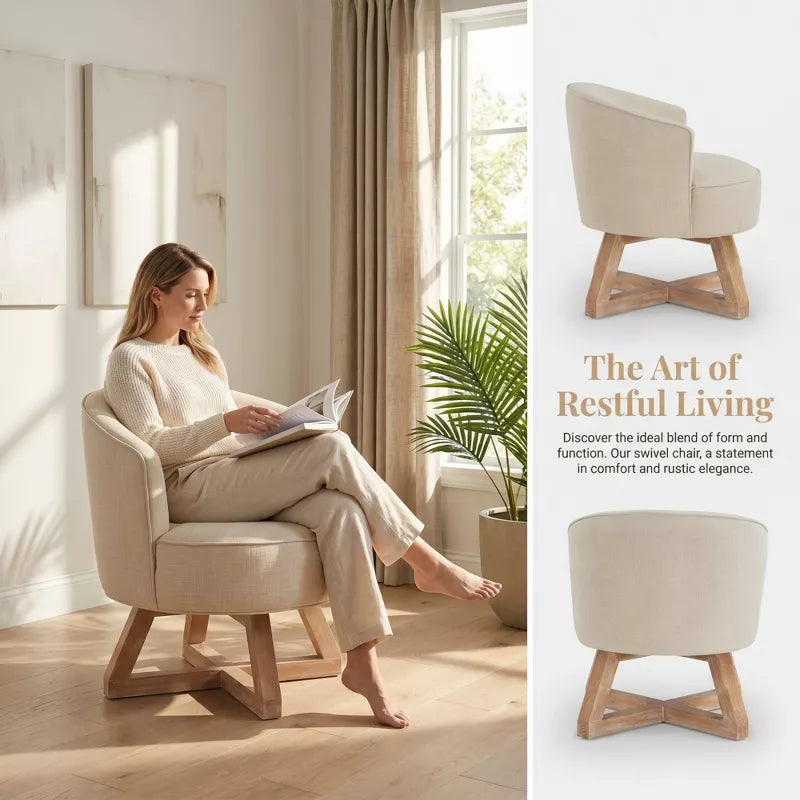 Linen Swivel Chair, 360° Rotating Accent Chair with Wooden Base for Living Room, Bedroom & Office