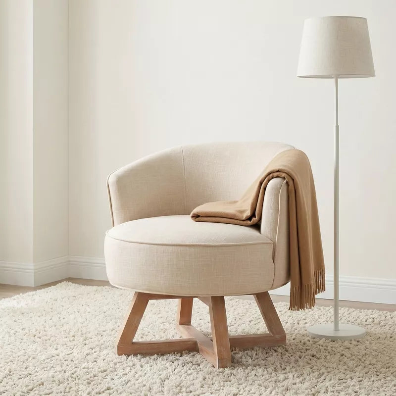 Linen Swivel Chair, 360° Rotating Accent Chair with Wooden Base for Living Room, Bedroom & Office